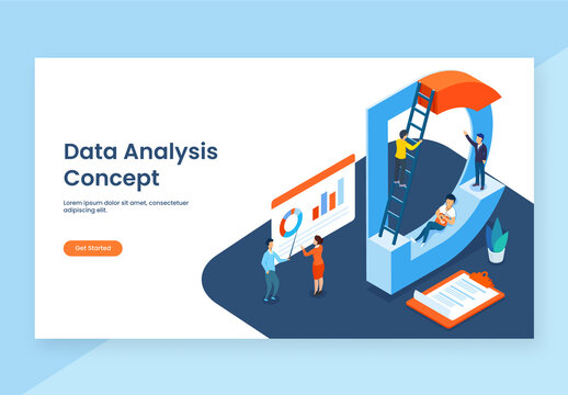 Data Analysis Concept Based Landing Page with 3D Letter D, Analysts Analysis the Data and Infographic Website