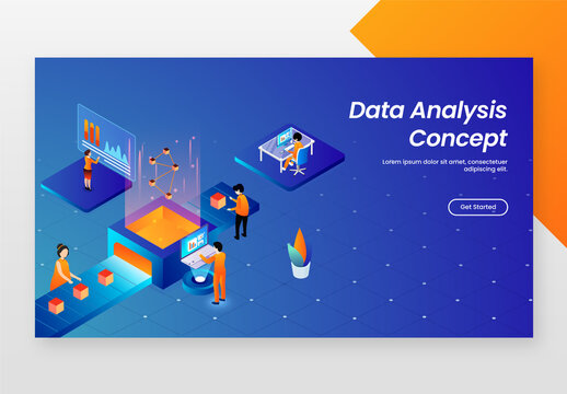 Data Analysis Concept Based Landing Page with Business People Maintain Data Server or Analysis Stats on Blue Background