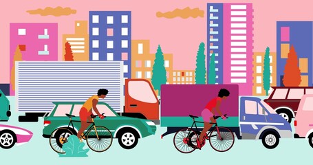 African American cyclists are riding bicycle on road with traffic jam in the city. Cartoon , flat design