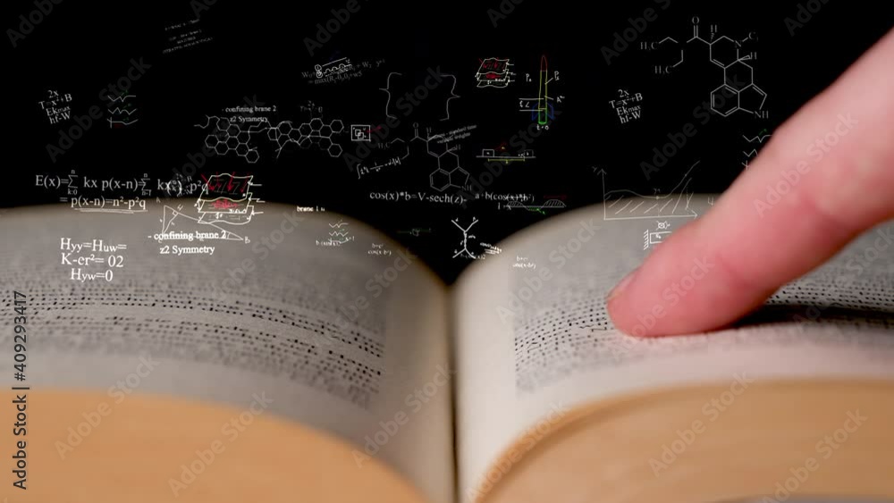 Poster finger points to certain line in an opened book. digital formulas, equations and texts appear from t