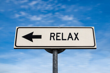 Relax road sign, arrow on blue sky background. One way blank road sign with copy space. Arrow on a pole pointing in one direction.