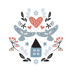 Valentine's Day home illustration with birds stock illustration. Animal Body Part, Animal Wing, Art, Berry Fruit, Bird