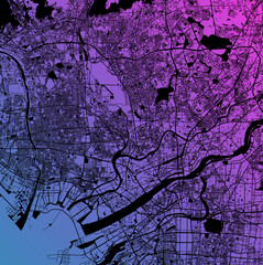 Osaka, Japan (JPN) - Urban vector megacity map with parks, rail and roads, highways, minimalist town plan design poster, city center, downtown, transit network, gradient blueprint