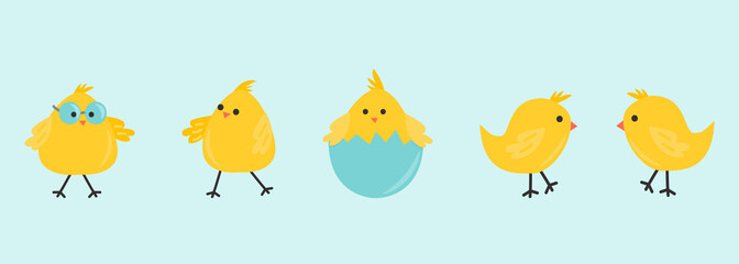 Set of Easter with cute chickens. Perfect for holiday decoration, greeting cards, scrapbooking, party invitation, poster, sticker. Cartoon illustration