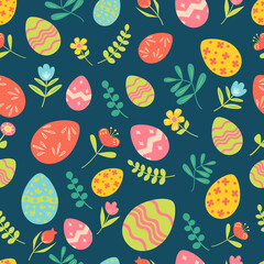 Easter, spring garden, floral seamless pattern with different flowers, leaves and eggs. Flat illustration