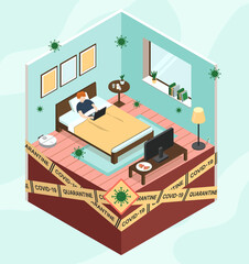 Isometric vector illustration self-isolation period at home