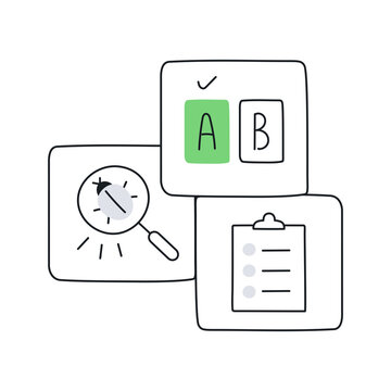 Split QA Testing, AB testing, looking for bugs, backlog management. Three cartoon outline vector on white.