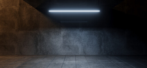 Modern Simple Underground Realistic Light Glowing On Cement Concrete Dark Room Hangar Parking Car Showroom Tiled Floor Background 3D Rendering