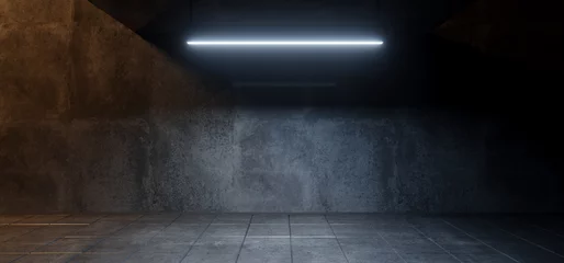 Modernes, einfaches, unterirdisches, realistisches Licht, das auf Zementbeton, dunklem Raum, Hangar, Parkplatz, Autohaus, Fliesenboden, Hintergrund, 3D-Rendering, leuchtet © IM_VISUALS