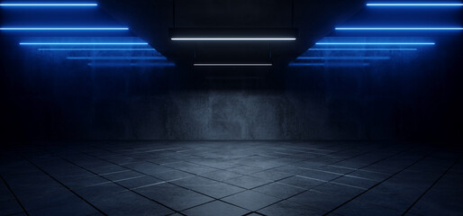 Sci Fi Futuristic Neon Blue Lasers Glowing Modern Simple Underground Realistic Light Glowing On Cement Concrete Dark Room Hangar Parking Car Showroom Tiled Floor Background 3D Rendering - obrazy, fototapety, plakaty