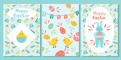 Fototapeta na wymiar Set of greeting card for Easter. Banners with rabbit or easter bunny, chicken and floral pattern . Flat illustration
