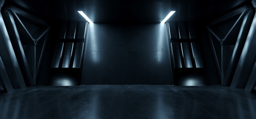 Sci Fi Neon Glowing Blue White Led Alien Spaceship Corridor Tunnel Underground Cement Concrete Metal Glossy Elements Realistic Cyber Background Showroom Parking Triangle Doors Hangar 3D Rendering © IM_VISUALS
