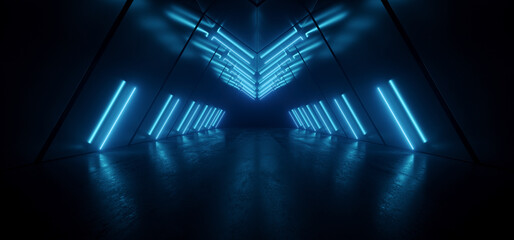 Cyber Triangle Neon Laser Glowing Dark Sci Fi Futuristic Led Blue Lights Tunnel Corridor Cement Concrete Spaceship Parking Underground Background Warehouse 3D Rendering © IM_VISUALS