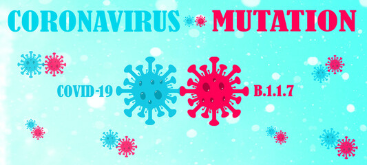 Fototapeta na wymiar CORONAVIRUS MUTATION: COVID 19 B1.1.7 pink and turquoise virus symbol isolated on aquamarine texture background