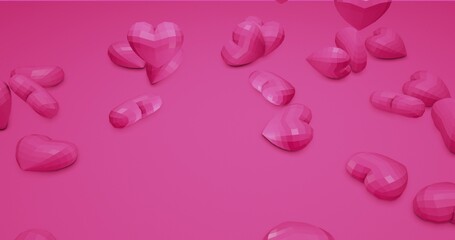 Pink cute falling polygonal hearts. Valentines Day. event background. 3D rendering 3D illustration