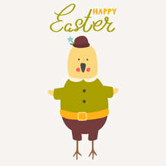 Easter chicken greeting card. A cartoon character. Happy Easter lettering.