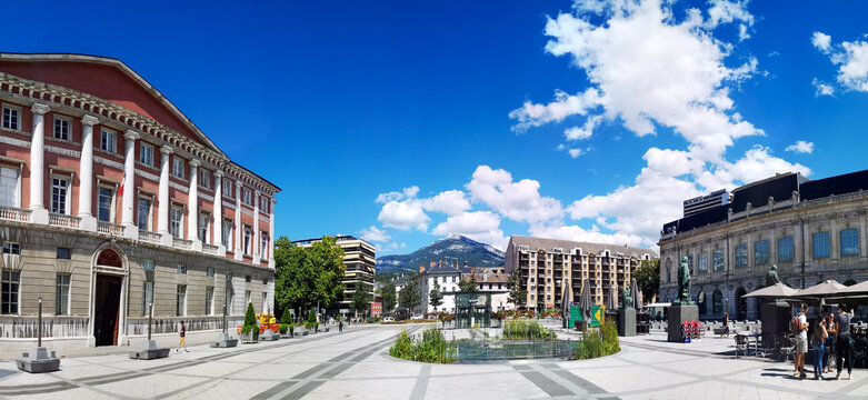 Panorama of Chambery, antique capital of Savoy, France, with the old palace of justice and other historical buildings in a modern refurbished square