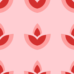 Seamless pattern of large isolated red water lily symbols. The elements are evenly spaced. Vector illustration on light red background