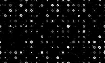 Obraz premium Seamless background pattern of evenly spaced white pill symbols of different sizes and opacity. Vector illustration on black background with stars