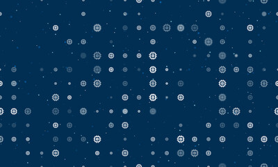 Seamless background pattern of evenly spaced white chip symbols of different sizes and opacity. Vector illustration on dark blue background with stars