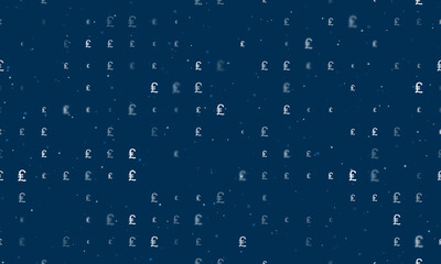 Seamless background pattern of evenly spaced white lira symbols of different sizes and opacity. Vector illustration on dark blue background with stars