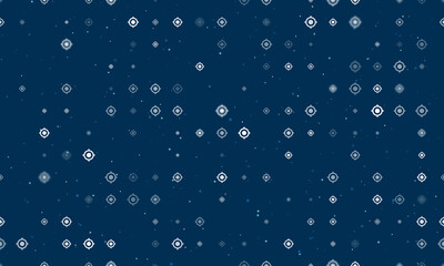 Seamless background pattern of evenly spaced white crosshair symbols of different sizes and opacity. Vector illustration on dark blue background with stars