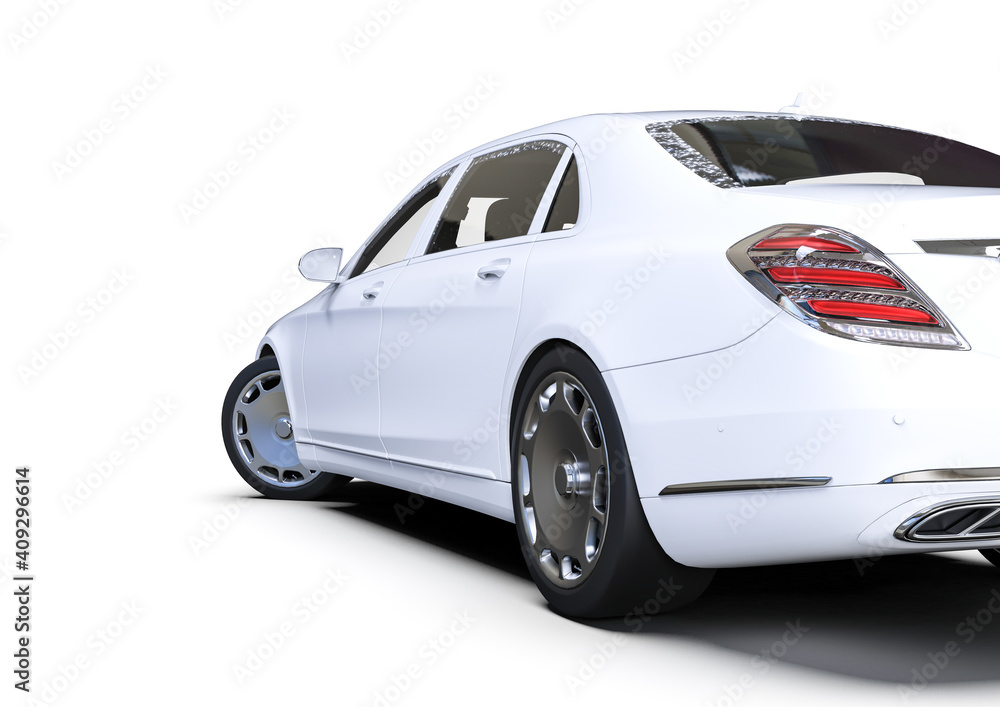 Poster 3d render image representing a high class limousine in white