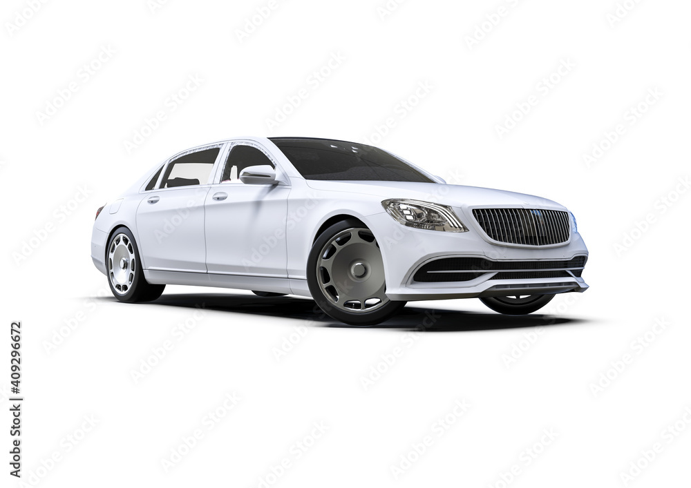 Poster 3d render image representing a high class limousine in white