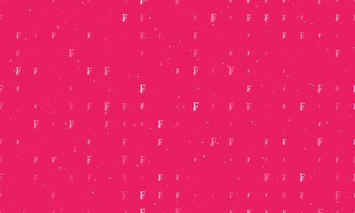 Seamless background pattern of evenly spaced white franc symbols of different sizes and opacity. Vector illustration on pink background with stars