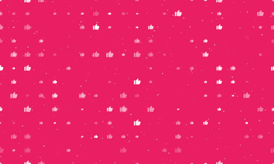 Seamless background pattern of evenly spaced white thumb up symbols of different sizes and opacity. Vector illustration on pink background with stars