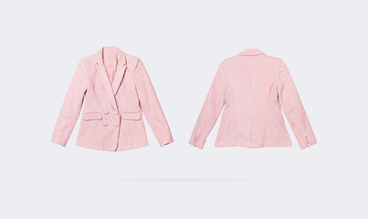 Womens fashionable flying pink blazer isolated on gray background. Female fashion, stylish fabric...