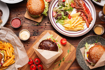 Closeup of fast food table top view