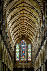Interior vaulted ceiling detail of the nave in Salisbury Cathedral