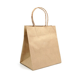 Recycled paper shopping bag on white background.