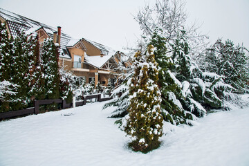 Snow covered yard with a pool in a beautiful neighborhood in Bucharest. Christmas background. Cold temperature, winter time