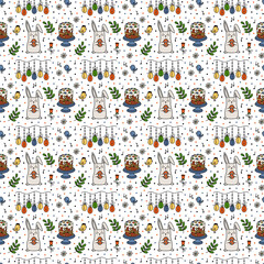 Vector Cartoon Easter Decoration Seamless Pattern. Hand drawn Bunny, Egg Garland, Cake, Bird, Chicken. Spring Holiday symbols. Multicolor background for design kid print, wrapping paper, textile