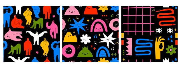 Obraz premium Hand drawn various Shapes, Doodle objects, Abstract people. Contemporary modern trendy Vector illustrations. Set of three Repeating square Seamless Pattern. Colorful Backgrounds. Dark Wallpapers