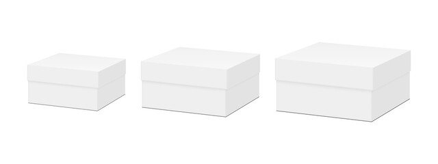 Set of Square Boxes Mockups in Three Sizes, Side View, Isolated on White Background. Vector Illustration