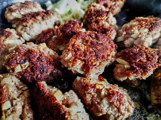 View to a pan with homemade traditional Berlin meatballs.