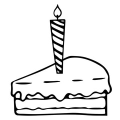 Vector illustration. Piece of birthday cake with cream and striped candle isolated on white. Hand drawn slice of pie doodle clipart. Perfect for menu, poster, food banner, collage, invitation, card.