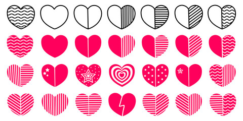 Vector illustration. Set of different pink hearts icons isolated on white. Theme of love and Valentine's day. Simple hand drawn doodle clipart. For poster, collage, card, banner.