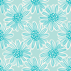 Vector blue daisy flowers seamless pattern background.