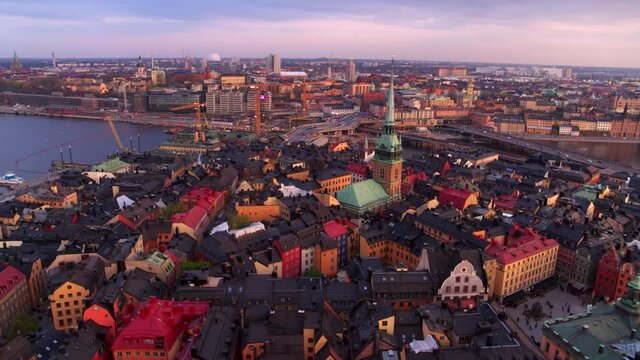 Aerial view over Gamla Stan in central Stockholm during sunset, Sweden