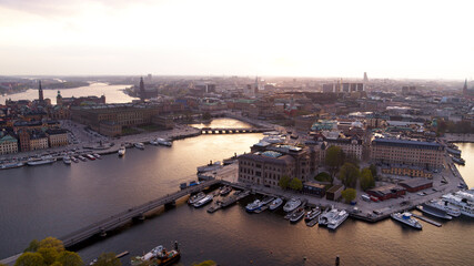 Aerial view over central Stockholm during cloudy sunset