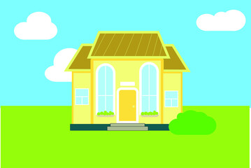 Obraz na płótnie Canvas Yellow cottage house with clouds, bushes, vector flat illustration for the web, print design