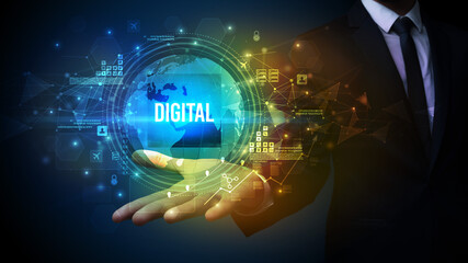 Elegant hand holding DIGITAL inscription, digital technology concept