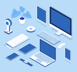 Set of devices. Computer, laptop, mobile phone, flower and office equipment in blue color. Isometric devices.