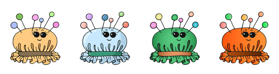 Set of hand drawn cute smiling kawaii needle beds in different versions. Isolated vector illustration