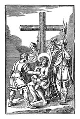 10th or tenth Station of the Cross or Way of the Cross or Via Crucis. Jesus is stripped of his clothes.Bible,New Testament.Antique vintage biblical religious engraving or drawing.