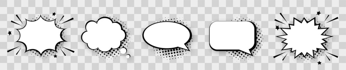 Empty comic speech bubbles set with halftone shadows. Retro comic explosions isolated on transparent background. Vintage design elements. Pop art style.